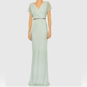 Mac Duggal Short Sleeve Beaded V-Neck Gown Elegant Green Maxi Dress New w flaw 8